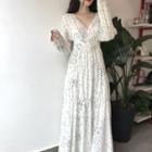 Polka Dot V-neck Puff-sleeve Long Dress As Shown In Figure - One Size