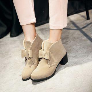 Bow Block Heel Pointy Ankle Boots