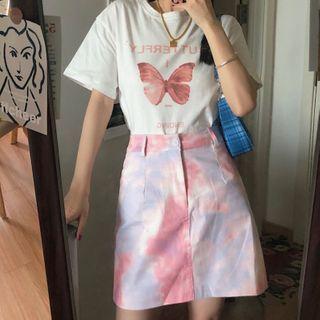Short-sleeve Butterfly Print T-shirt / Tie-dyed A-line Skirt