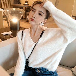 V-neck Long-sleeve Sweater White - One Size