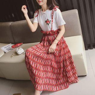 Set: Short-sleeve Embroidered T-shirt Dress + Strappy Print Midi Skirt
