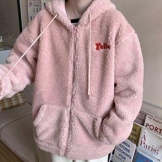 Long Sleeve Letter Embroidered Zip-up Fleece Hoodie