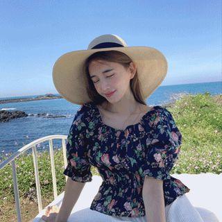 Off-shoulder Floral Print Cropped Top Navy Blue - One Size