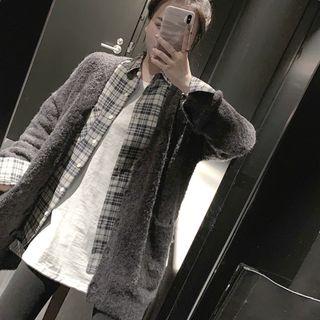 Plain Loose-fit Cardigan / Plaid Long-sleeve Shirt