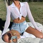 Long-sleeve Collared Tie-front Crop Top