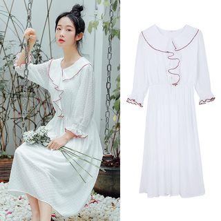 Contrast Trim 3/4-sleeve Midi A-line Dress