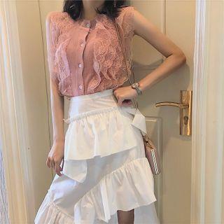 Sleeveless Buttoned Lace Top / Irregular Frill Trim A-line Skirt