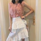 Sleeveless Buttoned Lace Top / Irregular Frill Trim A-line Skirt