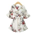 Elbow-sleeve Floral Tie Waist Playsuit