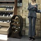 Set: Plain Long-sleeve T-shirt + Boot Cut Pants