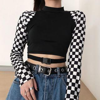 Long-sleeve Checker Paneled Cropped T-shirt Black - One Size