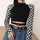 Long-sleeve Checker Paneled Cropped T-shirt Black - One Size