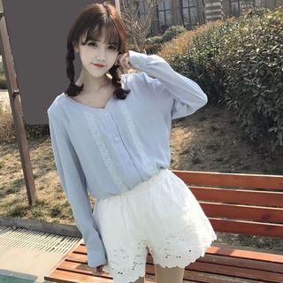 Set: Lace Trim V-neck Shirt + Shorts