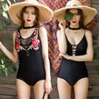 Set: Embroidered Swimsuit + Lace-up Swimsuit