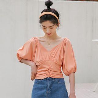 V-neck Plain Pleated Cropped Blouse