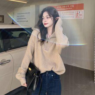 Long-sleeve Zip-front Sweater Khaki - One Size