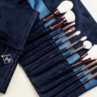 Chinese Characters Embroidered Flannel Makeup Brush Case Dark Blue - One Size