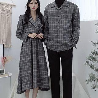 Couple Matching Plaid Long-sleeve Collared Midi A-line Dress / Shirt