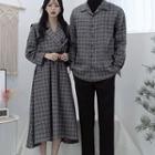 Couple Matching Plaid Long-sleeve Collared Midi A-line Dress / Shirt