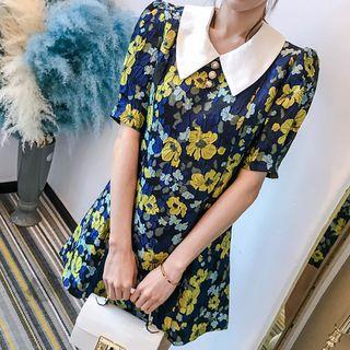 Contrast-collar Floral Jacquard Mini Dress