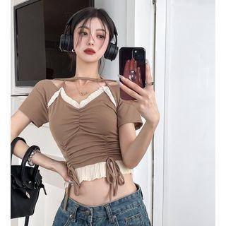 Short-sleeve Cropped Halter Top Khaki - One Size