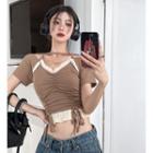 Short-sleeve Cropped Halter Top Khaki - One Size