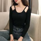 Cut Out Long-sleeve Knit Top Black - One Size