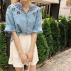 Open-placket Embroidered-trim Denim Blouse Light Blue - One Size