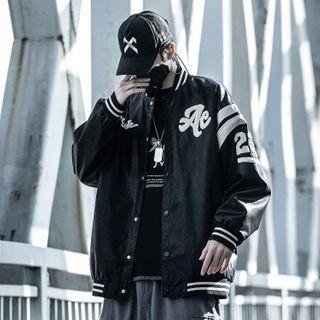 Couple Matching Lettering Faux Leather Baseball Jacket