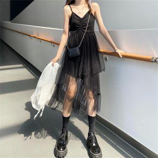 Mesh Panel Asymmetric Sleeveless Midi Dress