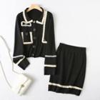 Set: Contrast Trim Collared Cardigan + Mini Pencil Skirt Black - One Size