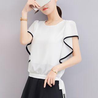 Piped Ruffle Short-sleeve Chiffon Blouse