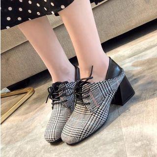 Block-heel Plaid Lace-up Shoes