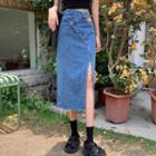 Applique Frayed Side-slit Midi Denim Pencil Skirt