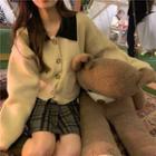 Collared Knit Cardigan + Woolen Plaid A-line Pleated Mini Skirt