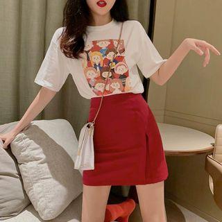 Set: Short Sleeve Print T-shirt + Plain A-line Skirt