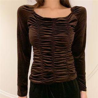 Long-sleeve Square Neck Ruffled Velvet Top