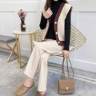 Set: Turtleneck Long-sleeve T-shirt + Color Block Knit Vest + Wide-leg Knit Pants