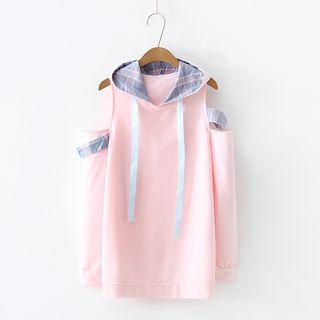Cold-shoulder Plaid Panel Hoodie Pink - One Size