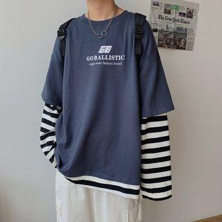 Mock Two-piece Striped Paneled Letter T-shirt