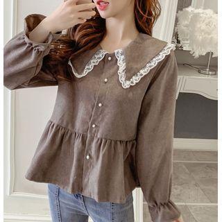Bell-sleeve Lace Trim Collar Blouse
