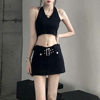 Halter-neck Crop Top / Low Rise Belted A-line Denim Skirt / Set