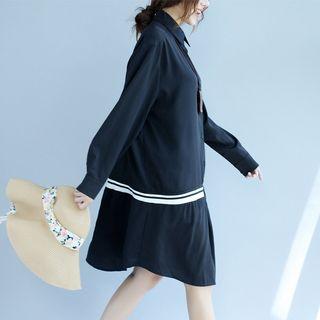 Long-sleeve Contrast-trim Midi Shirtdress As Shown In Figure - One Size