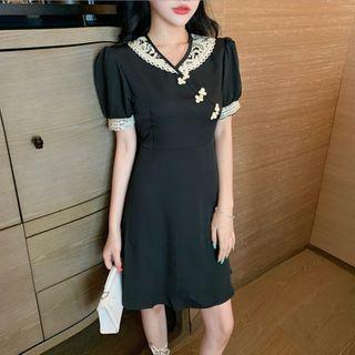 Lace Panel Frog-button Short-sleeve Mini A-line Dress