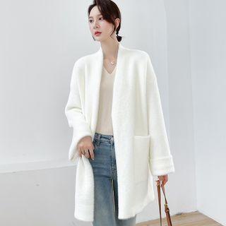 Long-sleeve Plain Faux Furry Cardigan