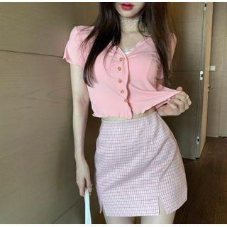 Short-sleeve Lettuce Edge Cropped Cardigan / Plaid Slit Mini Pencil Skirt
