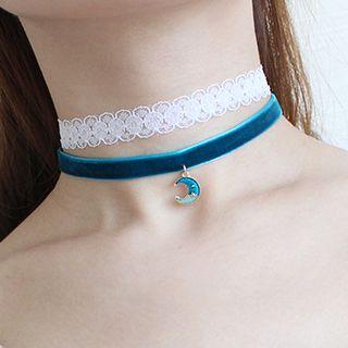 Set: Lace Choker + Moon Accent Velvet Choker White Lace & Moon - Blue - One Size
