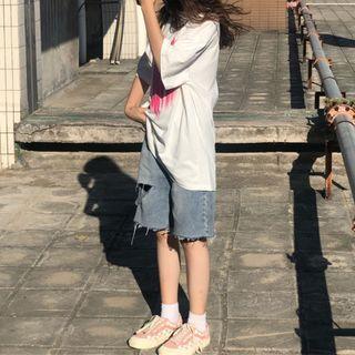 High-waist Washed Denim Ripped Straight Leg Shorts