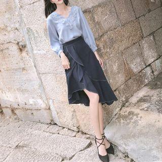 Set: Lace Trim Blouse + Ruffle Trim Midi Skirt