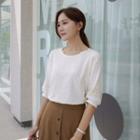 Elbow-sleeve Lace-trim T-shirt Ivory - One Size